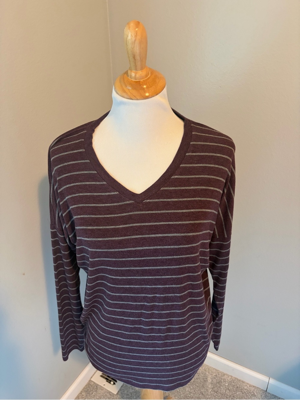 CAbi Plum and Light Gray Striped V-Neck Long Sleeve Serenity Top #3998